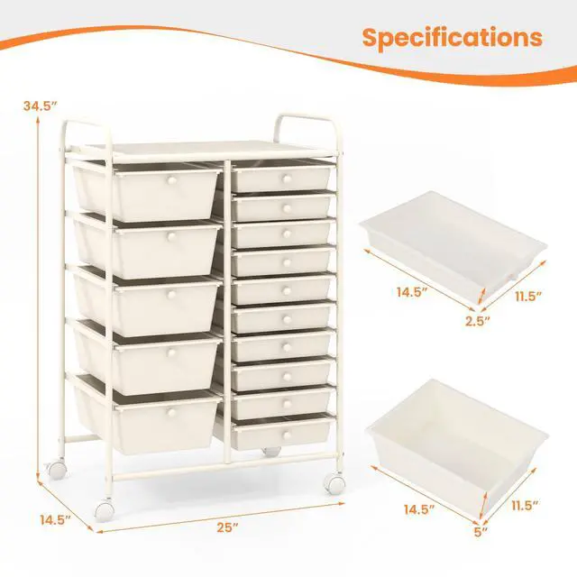 Alt view image 3 of 7 - 15-Drawer Rolling Storage Cart, Mobile Utility Cart on Wheels, Removable & 2-Sized Storage Drawers for Home, Study, Office, School,Paper Organizer (White)