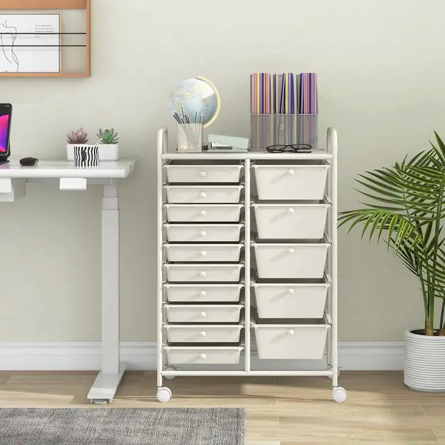 Alt view image 2 of 7 - 15-Drawer Rolling Storage Cart, Mobile Utility Cart on Wheels, Removable & 2-Sized Storage Drawers for Home, Study, Office, School,Paper Organizer (White)