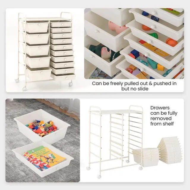 Alt view image 4 of 7 - 15-Drawer Rolling Storage Cart, Mobile Utility Cart on Wheels, Removable & 2-Sized Storage Drawers for Home, Study, Office, School,Paper Organizer (White)