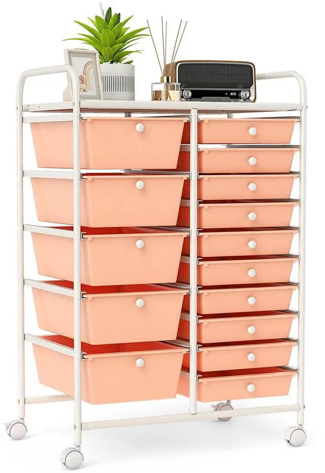 Main image of 15-Drawer Rolling Storage Cart, Mobile Utility Cart on Wheels, Removable & 2-Sized Storage Drawers for Home, Study, Office, School,Paper Organizer (Peach)