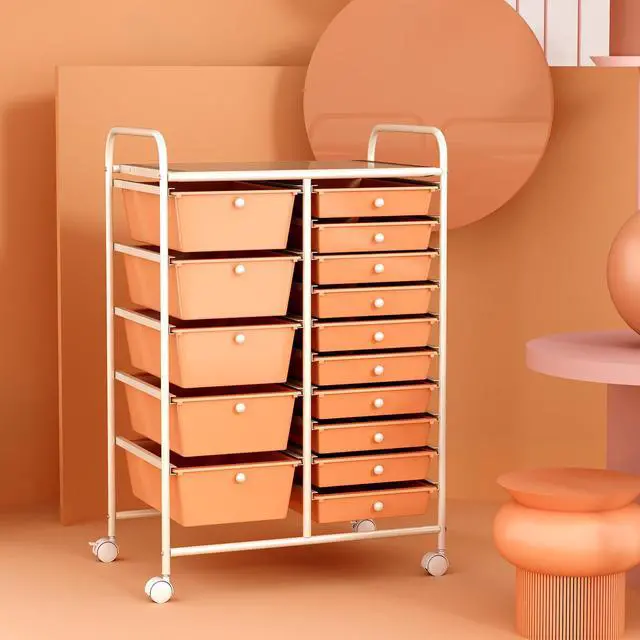 Alt view image 2 of 7 - 15-Drawer Rolling Storage Cart, Mobile Utility Cart on Wheels, Removable & 2-Sized Storage Drawers for Home, Study, Office, School,Paper Organizer (Peach)