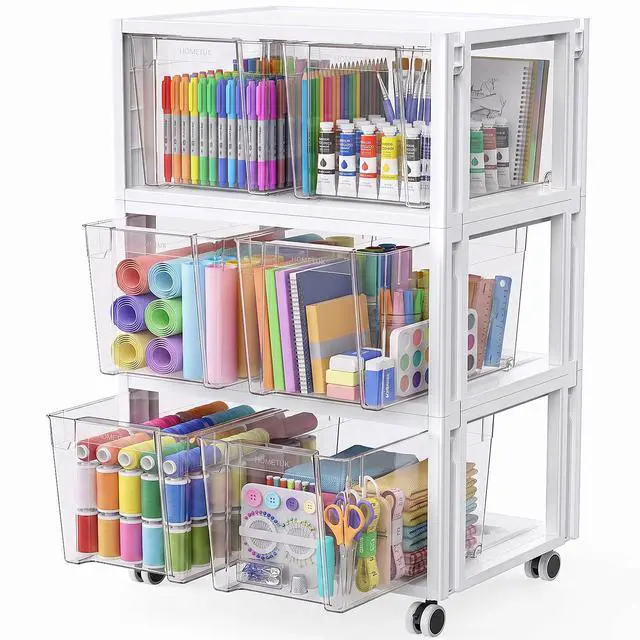 Main image of Stackable Storage Drawer Carts, Extra Large Bins 3 Tier 6 Drawers | Smooth Pull-Out Drawers, Clear Plastic Drawer with 3 Set Wheels For Home Office Bedroom Bathroom Art Crafts Under Desk