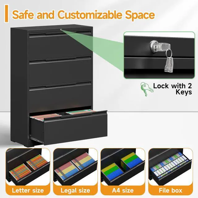 Alt view image 5 of 6 - 4 Drawer Lateral File Cabinet with Lock,Metal File Cabinets for Home Office,Locking Filing Cabinet for Letters/Legal/A4 Size, Assembly Required,Black 4 Drawer-36 W