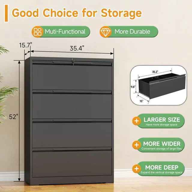 Alt view image 3 of 6 - 4 Drawer Lateral File Cabinet with Lock,Metal File Cabinets for Home Office,Locking Filing Cabinet for Letters/Legal/A4 Size, Assembly Required,Black 4 Drawer-36 W