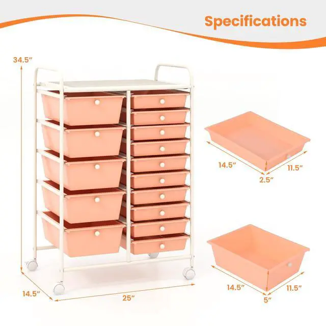 Alt view image 3 of 7 - 15-Drawer Rolling Storage Cart, Mobile Utility Cart on Wheels, Removable & 2-Sized Storage Drawers for Home, Study, Office, School,Paper Organizer (Peach)