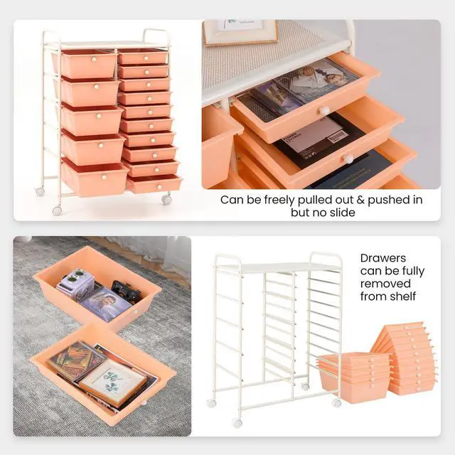 Alt view image 4 of 7 - 15-Drawer Rolling Storage Cart, Mobile Utility Cart on Wheels, Removable & 2-Sized Storage Drawers for Home, Study, Office, School,Paper Organizer (Peach)