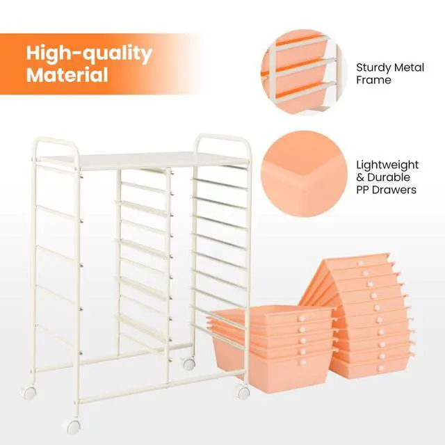 Alt view image 6 of 7 - 15-Drawer Rolling Storage Cart, Mobile Utility Cart on Wheels, Removable & 2-Sized Storage Drawers for Home, Study, Office, School,Paper Organizer (Peach)