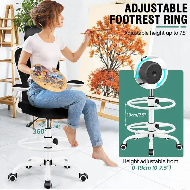 Alt view image 2 of 7 - Drafting Chair, Tall Office Chair with 3D Lumbar & Head Support | Ergonomic Mesh Standing Desk Chair with Footrest Ring, Comfy Extended High Desk Chair with Flip-Up Arms & Hanger, White