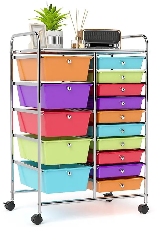 Main image of 15-Drawer Rolling Storage Cart, Mobile Utility Cart on Wheels, Removable & 2-Sized Storage Drawers for Home, Study, Office, School,Paper Organizer (Multicolor)