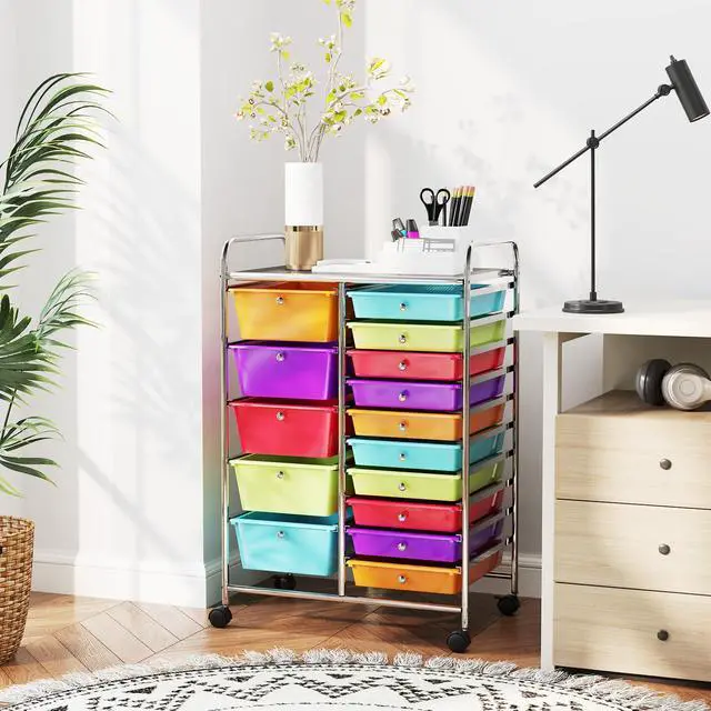 Alt view image 2 of 7 - 15-Drawer Rolling Storage Cart, Mobile Utility Cart on Wheels, Removable & 2-Sized Storage Drawers for Home, Study, Office, School,Paper Organizer (Multicolor)