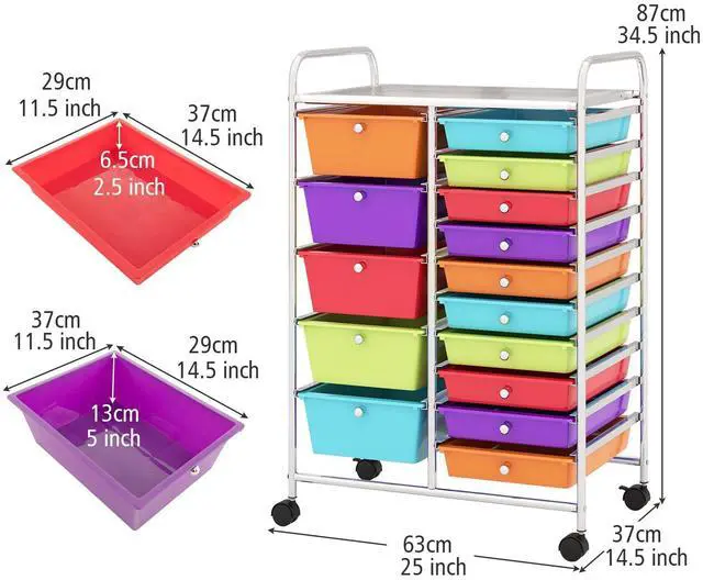 Alt view image 3 of 7 - 15-Drawer Rolling Storage Cart, Mobile Utility Cart on Wheels, Removable & 2-Sized Storage Drawers for Home, Study, Office, School,Paper Organizer (Multicolor)