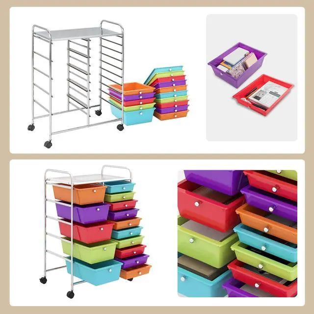 Alt view image 4 of 7 - 15-Drawer Rolling Storage Cart, Mobile Utility Cart on Wheels, Removable & 2-Sized Storage Drawers for Home, Study, Office, School,Paper Organizer (Multicolor)
