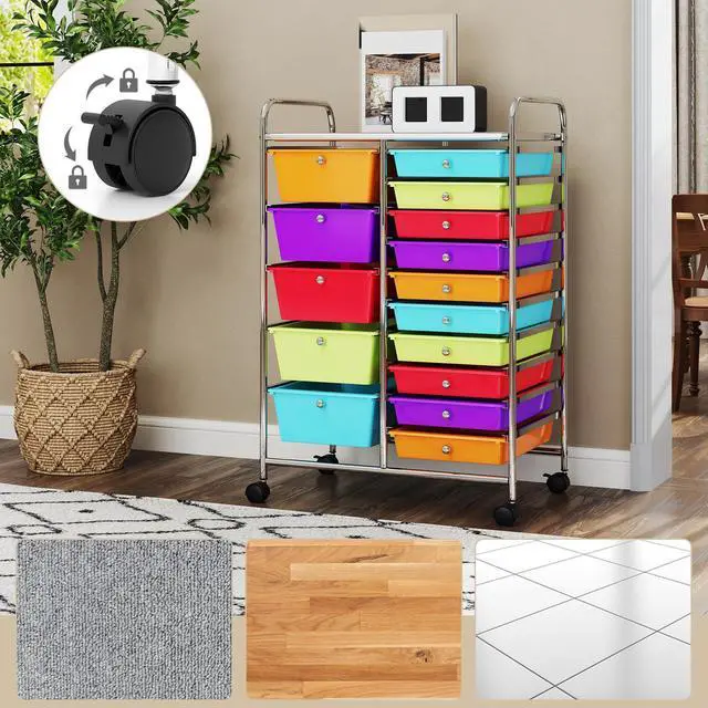 Alt view image 5 of 7 - 15-Drawer Rolling Storage Cart, Mobile Utility Cart on Wheels, Removable & 2-Sized Storage Drawers for Home, Study, Office, School,Paper Organizer (Multicolor)