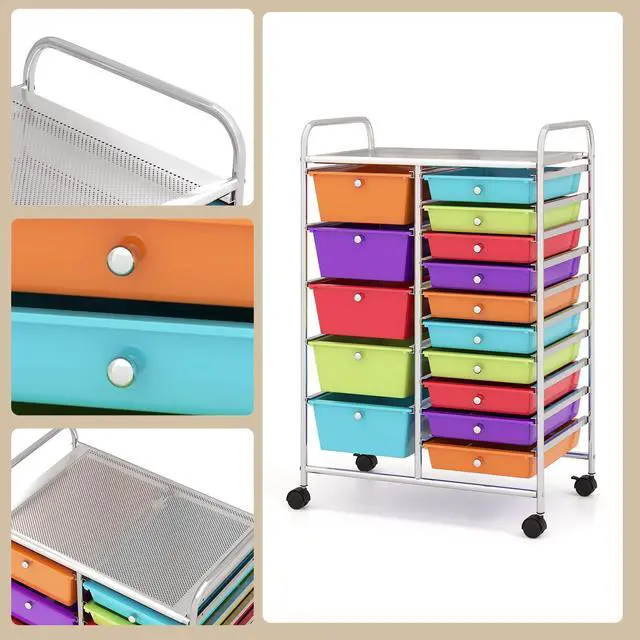 Alt view image 7 of 7 - 15-Drawer Rolling Storage Cart, Mobile Utility Cart on Wheels, Removable & 2-Sized Storage Drawers for Home, Study, Office, School,Paper Organizer (Multicolor)