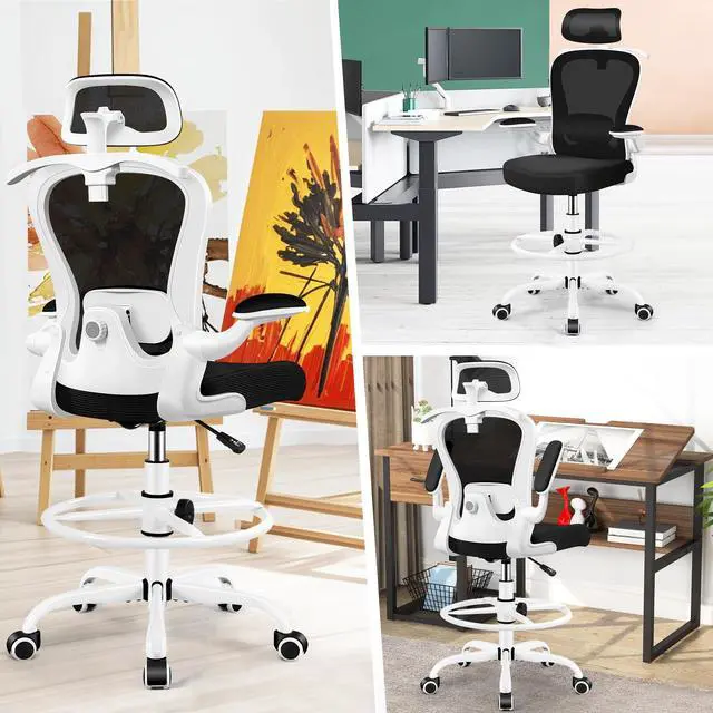 Alt view image 3 of 7 - Drafting Chair, Tall Office Chair with 3D Lumbar & Head Support | Ergonomic Mesh Standing Desk Chair with Footrest Ring, Comfy Extended High Desk Chair with Flip-Up Arms & Hanger, White