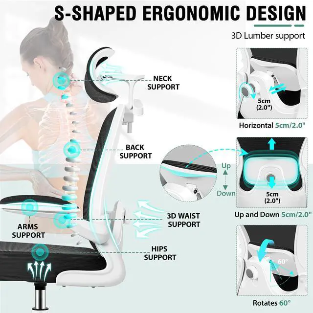 Alt view image 4 of 7 - Drafting Chair, Tall Office Chair with 3D Lumbar & Head Support | Ergonomic Mesh Standing Desk Chair with Footrest Ring, Comfy Extended High Desk Chair with Flip-Up Arms & Hanger, White