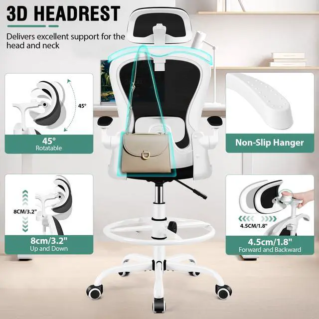 Alt view image 5 of 7 - Drafting Chair, Tall Office Chair with 3D Lumbar & Head Support | Ergonomic Mesh Standing Desk Chair with Footrest Ring, Comfy Extended High Desk Chair with Flip-Up Arms & Hanger, White