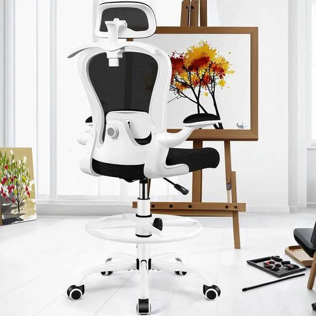 Alt view image 6 of 7 - Drafting Chair, Tall Office Chair with 3D Lumbar & Head Support | Ergonomic Mesh Standing Desk Chair with Footrest Ring, Comfy Extended High Desk Chair with Flip-Up Arms & Hanger, White