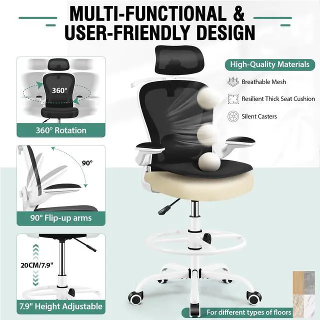 Alt view image 7 of 7 - Drafting Chair, Tall Office Chair with 3D Lumbar & Head Support | Ergonomic Mesh Standing Desk Chair with Footrest Ring, Comfy Extended High Desk Chair with Flip-Up Arms & Hanger, White