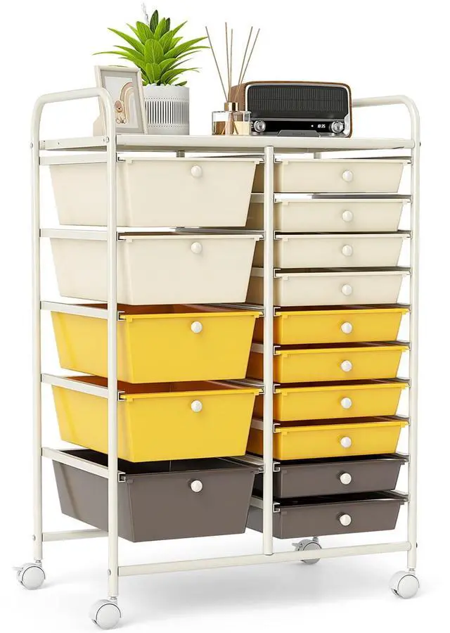 Main image of 15-Drawer Rolling Storage Cart, Mobile Utility Cart on Wheels, Removable & 2-Sized Storage Drawers for Home, Study, Office, School,Paper Organizer (Yellow)