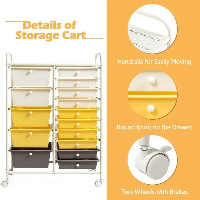 Alt view image 4 of 7 - 15-Drawer Rolling Storage Cart, Mobile Utility Cart on Wheels, Removable & 2-Sized Storage Drawers for Home, Study, Office, School,Paper Organizer (Yellow)