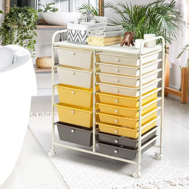 Alt view image 2 of 7 - 15-Drawer Rolling Storage Cart, Mobile Utility Cart on Wheels, Removable & 2-Sized Storage Drawers for Home, Study, Office, School,Paper Organizer (Yellow)