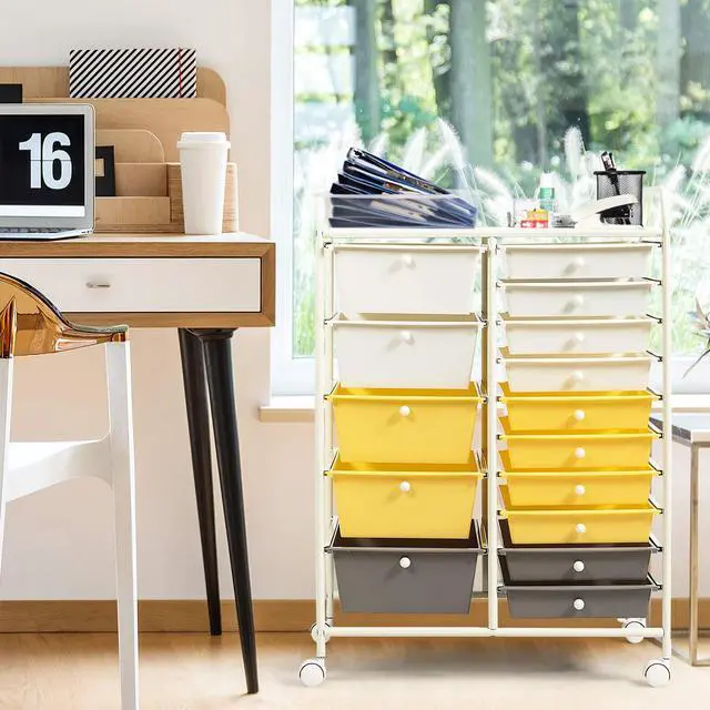 Alt view image 7 of 7 - 15-Drawer Rolling Storage Cart, Mobile Utility Cart on Wheels, Removable & 2-Sized Storage Drawers for Home, Study, Office, School,Paper Organizer (Yellow)