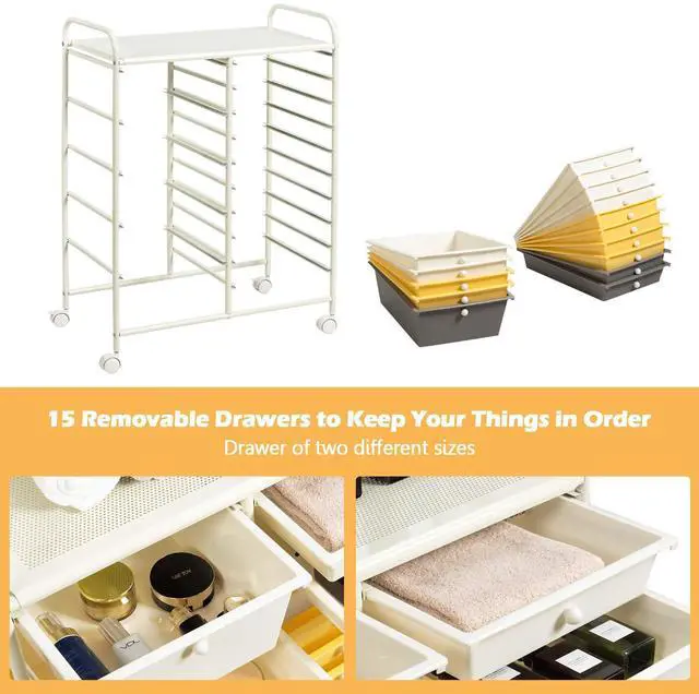 Alt view image 6 of 7 - 15-Drawer Rolling Storage Cart, Mobile Utility Cart on Wheels, Removable & 2-Sized Storage Drawers for Home, Study, Office, School,Paper Organizer (Yellow)