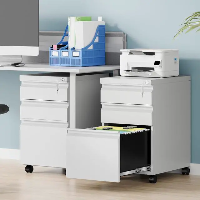 Alt view image 2 of 7 - 3 Drawer Mobile File Cabinet with Lock, Rolling File Cabinets for Home Office, Under Desk Small File Caninet on wheels, Metal Vertical White Filing Cabnet for Legal/Letter/A4 - Assembly Required