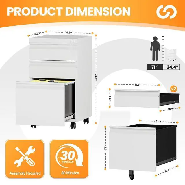 Alt view image 3 of 7 - 3 Drawer Mobile File Cabinet with Lock, Rolling File Cabinets for Home Office, Under Desk Small File Caninet on wheels, Metal Vertical White Filing Cabnet for Legal/Letter/A4 - Assembly Required