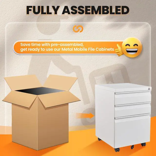 Alt view image 4 of 7 - 3 Drawer File Cabinet, Fully Assembled Mobile File Cabinets with Lock for Home Office, Metal Rolling Filing Caninet on Wheels, Three Drawer Under Desk Cabnet for Letter/Legal / A4 - White