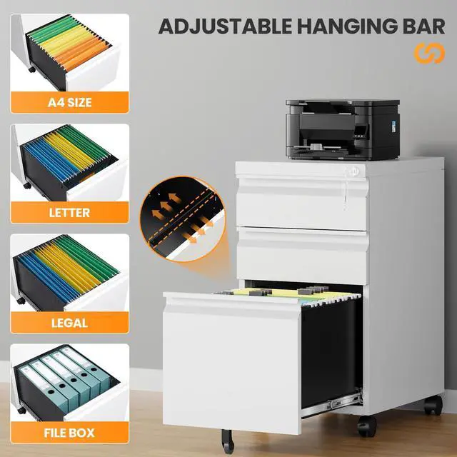 Alt view image 5 of 7 - 3 Drawer Mobile File Cabinet with Lock, Rolling File Cabinets for Home Office, Under Desk Small File Caninet on wheels, Metal Vertical White Filing Cabnet for Legal/Letter/A4 - Assembly Required