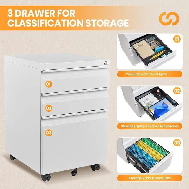Alt view image 7 of 7 - 3 Drawer Mobile File Cabinet with Lock, Rolling File Cabinets for Home Office, Under Desk Small File Caninet on wheels, Metal Vertical White Filing Cabnet for Legal/Letter/A4 - Assembly Required