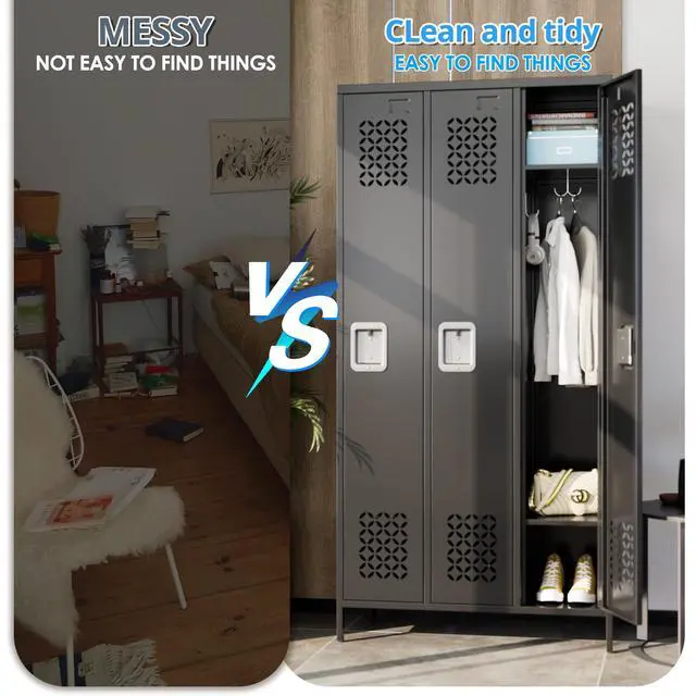 Alt view image 5 of 7 - 72-Inch 3-Door Metal Locker for Employees, 9 Hooks, Black | Three ventilated locking compartments with hooks, removable shelves, and name-card slots for gyms, offices, and staff areas