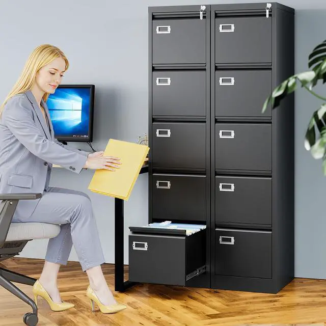 Alt view image 2 of 7 - 5 Drawer File Cabinet with Lock, Metal Filing Cabinets for Home Office, Vertical Black Locking File Caninet, Steel Narrow Five Drawer File Cabnet for Letter/Legal / A4 / B4- Assembly Required