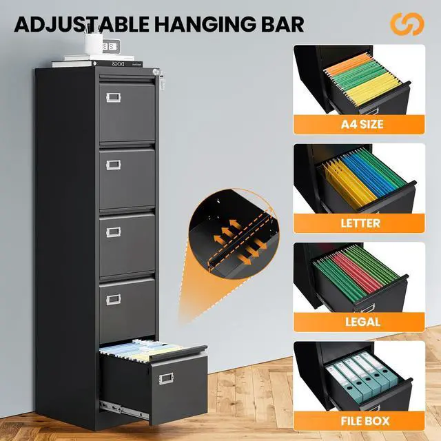 Alt view image 5 of 7 - 5 Drawer File Cabinet with Lock, Metal Filing Cabinets for Home Office, Vertical Black Locking File Caninet, Steel Narrow Five Drawer File Cabnet for Letter/Legal / A4 / B4- Assembly Required