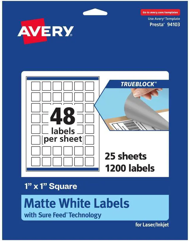 Main image of TrueBlock Matte White Square Labels, Sure Feed Technology, 1" x 1", 1,200 Matte White Labels, Print-to-The-Edge, Laser/Inkjet Printable, Great for Product Merchandising Stickers
