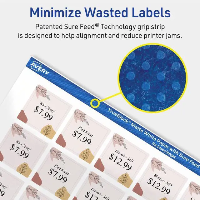 Alt view image 4 of 6 - TrueBlock Matte White Square Labels, Sure Feed Technology, 1" x 1", 1,200 Matte White Labels, Print-to-The-Edge, Laser/Inkjet Printable, Great for Product Merchandising Stickers