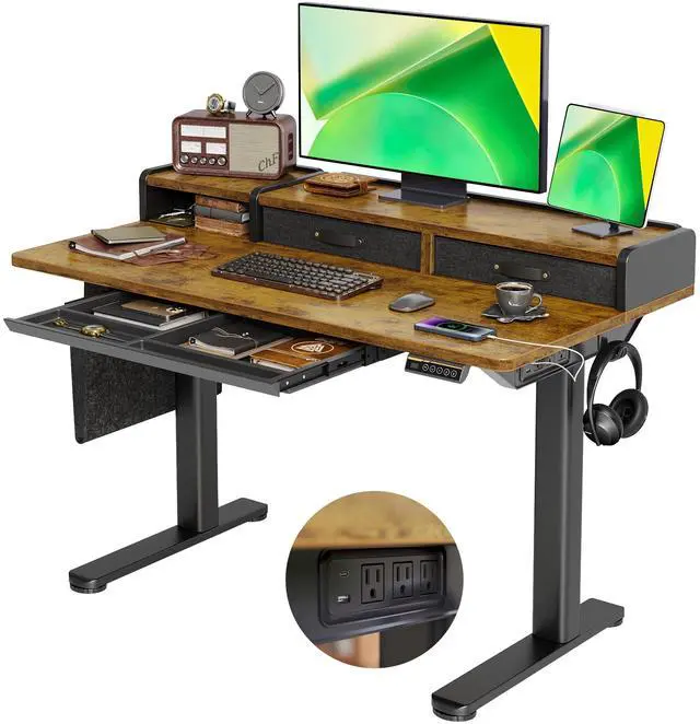 Main image of Standing Desk with Power Outlet, 48 Inch, Rustic Brown | 28.35-46.46in adjustable height for sit-stand use, built-in USB-C and USB ports, side bag and storage drawers