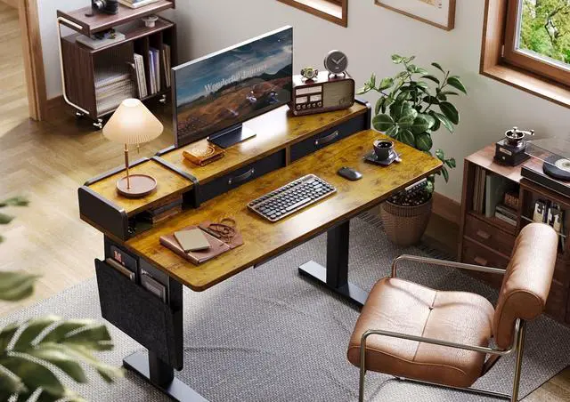 Alt view image 2 of 7 - Standing Desk with Power Outlet, 48 Inch, Rustic Brown | 28.35-46.46in adjustable height for sit-stand use, built-in USB-C and USB ports, side bag and storage drawers