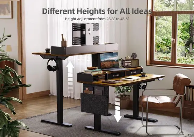 Alt view image 5 of 7 - Standing Desk with Power Outlet, 48 Inch, Rustic Brown | 28.35-46.46in adjustable height for sit-stand use, built-in USB-C and USB ports, side bag and storage drawers