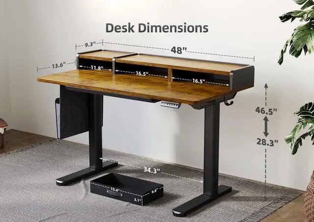Alt view image 3 of 7 - Standing Desk with Power Outlet, 48 Inch, Rustic Brown | 28.35-46.46in adjustable height for sit-stand use, built-in USB-C and USB ports, side bag and storage drawers
