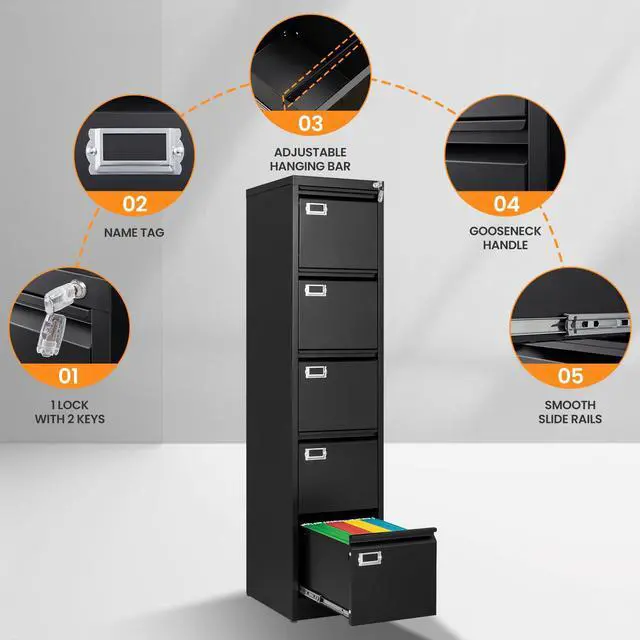Alt view image 6 of 7 - 5 Drawer File Cabinet with Lock, Metal Filing Cabinets for Home Office, Vertical Black Locking File Caninet, Steel Narrow Five Drawer File Cabnet for Letter/Legal / A4 / B4- Assembly Required