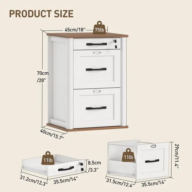Alt view image 3 of 6 - 3 Drawer File Cabinet with Lock Set of 2, Wooden Farmhouse Filing Cabinet with Storage Fits Letter and A4 Size, Vertical Printer Stand for Home Office, Walnut and White