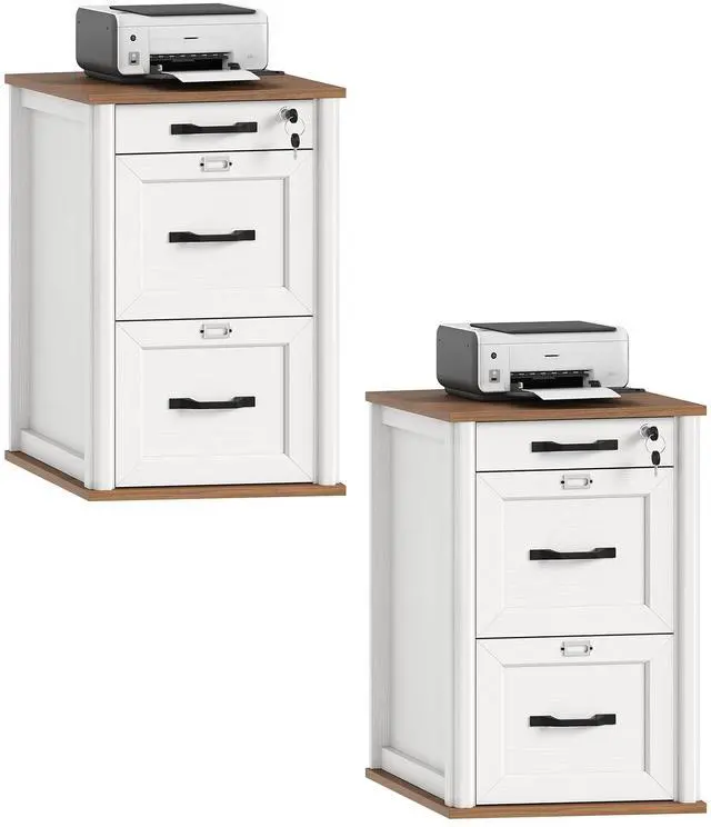 Main image of 3 Drawer File Cabinet with Lock Set of 2, Wooden Farmhouse Filing Cabinet with Storage Fits Letter and A4 Size, Vertical Printer Stand for Home Office, Walnut and White