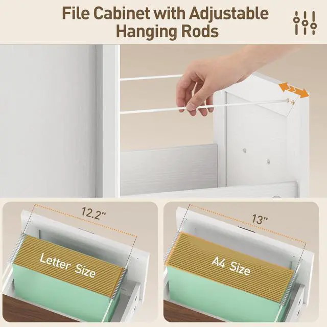 Alt view image 5 of 6 - 3 Drawer File Cabinet with Lock Set of 2, Wooden Farmhouse Filing Cabinet with Storage Fits Letter and A4 Size, Vertical Printer Stand for Home Office, Walnut and White