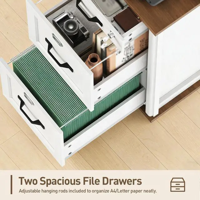 Alt view image 6 of 6 - 3 Drawer File Cabinet with Lock Set of 2, Wooden Farmhouse Filing Cabinet with Storage Fits Letter and A4 Size, Vertical Printer Stand for Home Office, Walnut and White