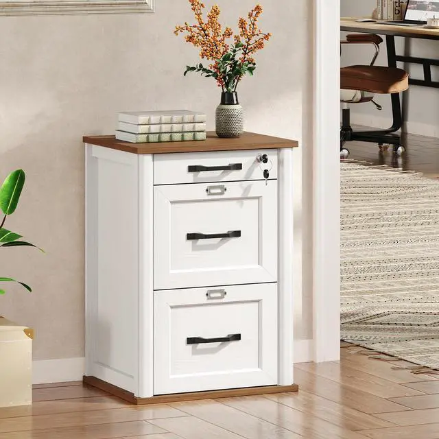 Alt view image 4 of 6 - 3 Drawer File Cabinet with Lock Set of 2, Wooden Farmhouse Filing Cabinet with Storage Fits Letter and A4 Size, Vertical Printer Stand for Home Office, Walnut and White