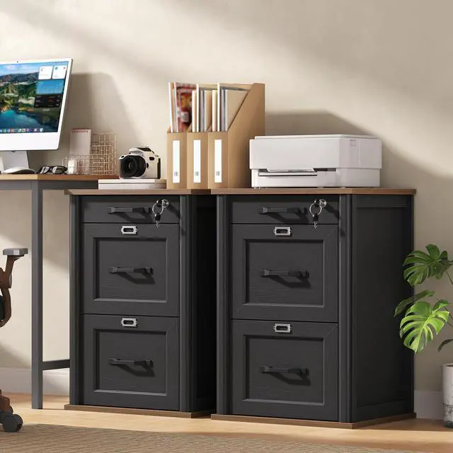 Alt view image 2 of 7 - 3 Drawer File Cabinet with Lock Set of 2, Wooden Farmhouse Filing Cabinet with Storage Fits Letter and A4 Size, Vertical Printer Stand for Home Office, Rustic Brown and Black