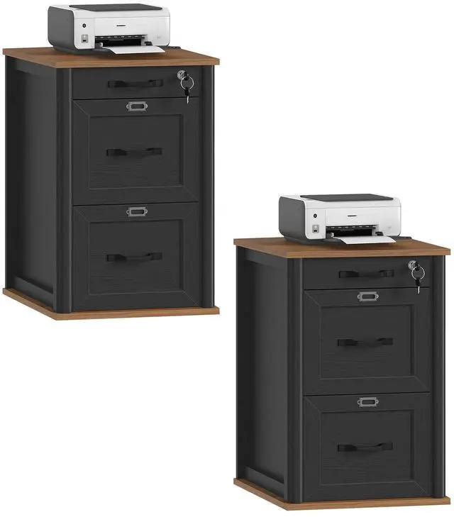 Main image of 3 Drawer File Cabinet with Lock Set of 2, Wooden Farmhouse Filing Cabinet with Storage Fits Letter and A4 Size, Vertical Printer Stand for Home Office, Rustic Brown and Black